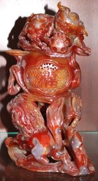 Beautiful And Unique Carved Natural Agate Sculpture Featuring Guardian Lions, Peach And Chinese Symbol