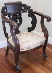 Antique Carved Wood Armchair With Neck Rest And Damask Upholstery