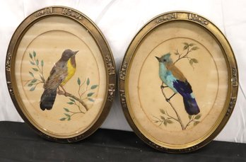 Pair Of Victorian Era Watercolor Paintings Of Birds With Natural Feathers.