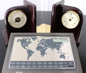 Lacquered Wood Bookends With Built In Clock And Barometer And Seiko World Time Alarm