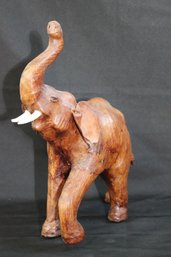 Vintage Leather Wrapped Elephant Decor With Raised Tusk