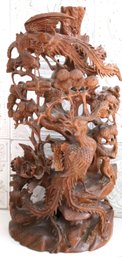 Tall, Intricate Wood Carving, Depicting Birds Of Paradise And Pine Trees