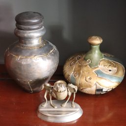 Decorative Metal Patchwork And Ceramic Vases With Lids And Brass Frog Inkwell.