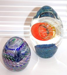 Two Art Glass Paperweights With Prestige Glass & Satava With Swirling Colors & Colorful Floating Jellyfis