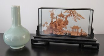 Vintage Asian Cork Art Carving With Pagoda And Celadon Porcelain Vase From MMA.
