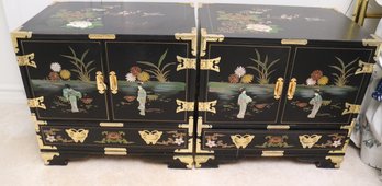 Charming Pair Of Lacquered Chinoiserie Painted Nightstands With Brass Hardware.