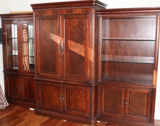 Three-piece Dark Wood Wall Unit With TV Cabinet & 2 Bookcases With Glass Shelves