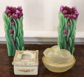 Floral Candles With Decorative Trinket Boxes.