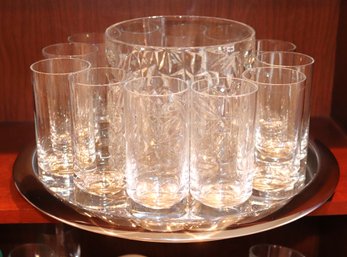 Tiffany Crystal Ice Bucket In Rock Cut Pattern With Stainless Steel Tray & 12 Swedish Style Water Glasses