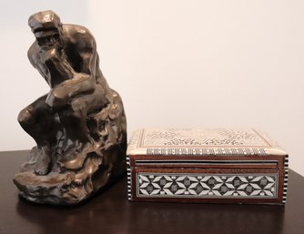 Inlaid Wooden Box From Afghanistan & Plaster Casting Of The Thinker.