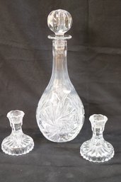 Serena Etched Crystal/ Glass Decanter, Includes A Pair Of Glass Candlesticks