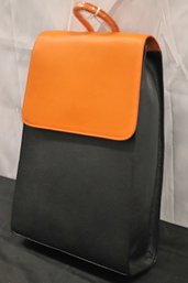 Cleo And Patel Italian Leather Backpack In Black And Orange.