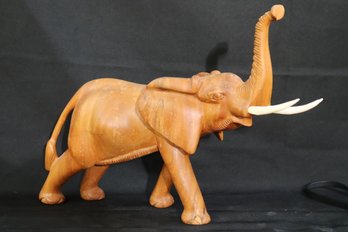 Hand Carved Wood Elephant Sculpture With Raised Trunk From Kenya