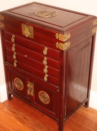 Large Standing Wooden Jewelry Box With Chinese Brass Symbols & Brass Pull Handles