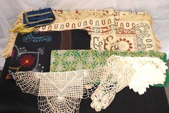 Lot Of Vintage Linens Embroidered, Crocheted And Decorative Throws.