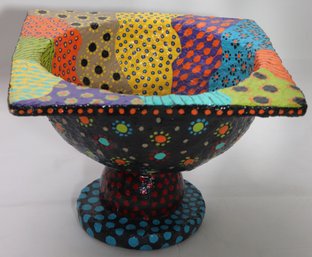 Amazing Handcrafted/painted Papier Mch Art Centerpiece Bowl Painted With Bright Fun Colors & Floral Acce