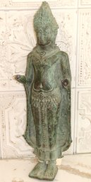 Bronze Khmer Style Standing Buddha With Green Patina & Missing Hands