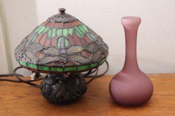 Cute Little Slag Glass Lamp With Dragon Fly Shade And A Purple Vase By Diane Love For Mikasa