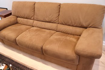 Contemporary 3 Seat Sofa In Medium Beige Tone With Soft Fabric Finish In Very Good Condition.
