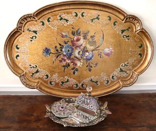 Floral Painted Wood Tray Including A Vanity Set With Multicolored Glass Stone Inserts And Butterflies