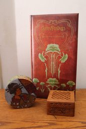 Carved Box, Postcard Book And Cute Little Hand Painted Trinket Box