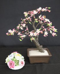 Glass Beaded Bonsai Tree Includes Aynsley England Hand Painted And Modeled Fine Bone China Floral Decor