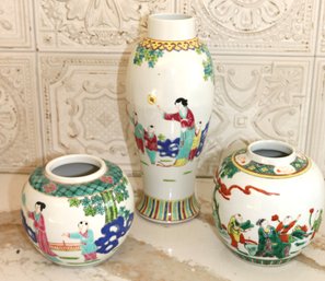 Two Small Porcelain Hand Painted Ginger Jars With Vibrant Colors & Hand Painted Vase