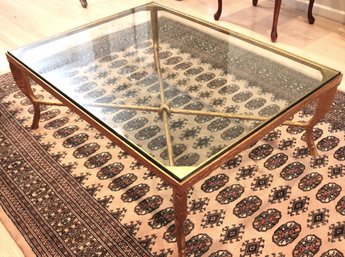 Elegant Neoclassic Style Gilt Metal Coffee Table With Glass Top & Knotted Metal Stretcher