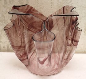 Wavy/ruffled Purple Swirled Art Glass Vase Signed By The Artist