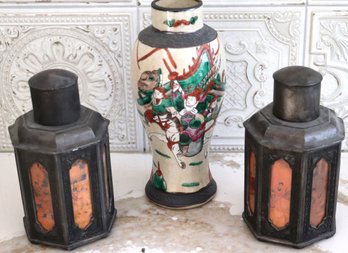 Pair Of Chinese Hexagonal Metal Jars With Reverse Glass Hand Painted Scenes & Ceramic Vase With Warriors
