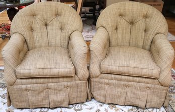 Pair Of Cozy Custom Tufted Swivel Chairs In A Golden Toned Tweed Like Fabric