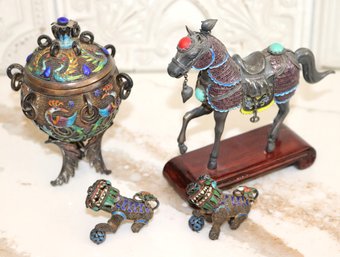 Lot Of 4 Small Chinese Enamel Pieces With Horse, On Wooden Stand, Censer & Lid And Two Foo Dogs