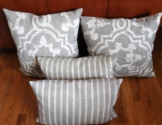 Four Restoration Hardware Imprinted Grey Linen Accent Pillows, With Inserts.