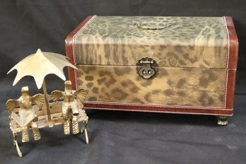 Brass Elephants Reading On A Park Bench Under Umbrella Figurine Decor And Decorative Cheetah Print Wrapped Box