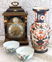 Elliot London Chinoiserie Style Clock, Floral Vase & 2 Antique Porcelain Cups