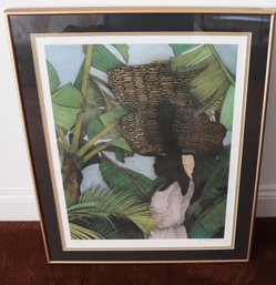 Robert Lynn Signed Lithograph Of Woman With Wicker Baskets Among Banana Leaf Trees.