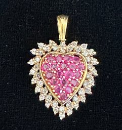 14K YG GORGEOUS RUBY HEART WITH DIAMOND HEART PENDANT