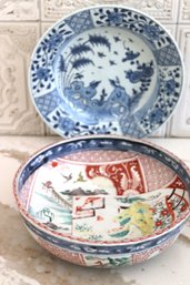 Pair Antique Hand Painted Chinese Bowl With Nature Scenes & Blue And White Porcelain Plate