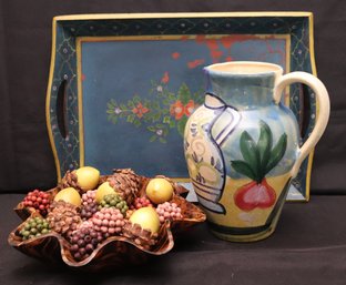 Handmade Pitcher From Italy, Painted Floral Tray And Polished Wood Basket With Decorative Accents