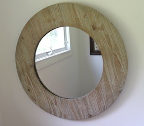 Vintage Round Mirror With Light Wood Frame, Perfect For Summer Decorating