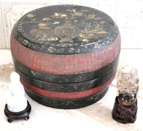 Vintage Woven & Lidded Box With Gilt Lacquered Top, Lavender Jade Buddha And Carved Glass With Buddhas