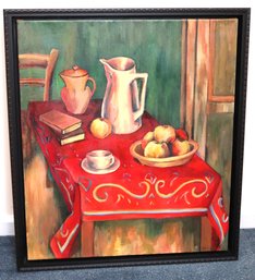 Still Life Painting Of Breakfast Table With Pitcher, Fruit & Red Tablecloth Signed By Artist