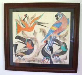 Artisanal Painting Of Exotic Birds With Toucan And More Painted On Animal Hide.