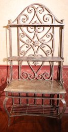 Stylish Ornate Wrought Aluminum Bakers Rack With A Marble Veneer Top, Quality Piece With A Unique Rustic Toned