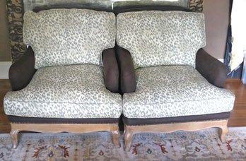 Pair Of Wood Framed French Style Fauteuils With Leopard And Brown Linen Fabric, By Lee Industries.