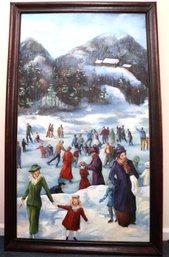 Lovely Painting Depicting Early 20th Century Style Ice Skaters On Mountain Lake, Signed Bazan In Leather