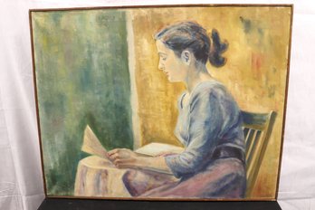 Vintage Oil On Canvas Painting Of Young Woman Reading, Ca. 1960s, Signed Dolin.