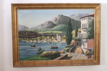 Signed Painting Of Italian Landscape Villas & Gondolas By T. Monito