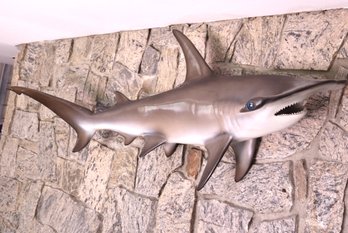 A Vintage Cast Molded Fiberglass Hammerhead Shark With Teeth And Glass Eyes.