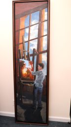Tall Painting Of Young Artist At Work In His Studio, With View Of Clouds And Sky
